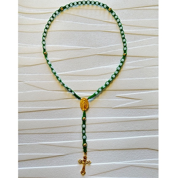 Jewelry - Handmade Green and Gold Rosary with White Jade Beads